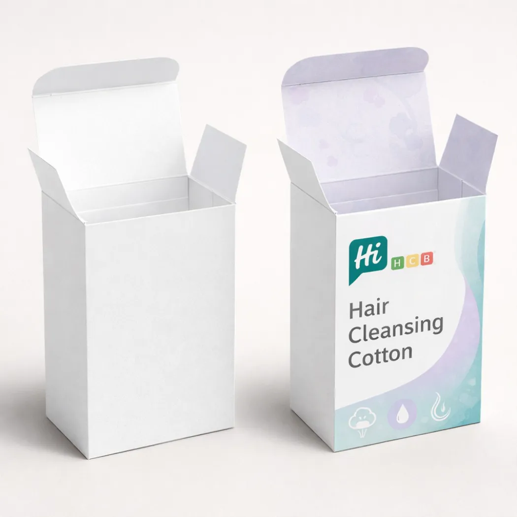 Two open-top cardboard boxes- showcasing a plain white version and a branded floral-patterned interior- class=